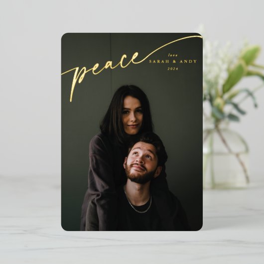'Peace'エレガントタイポグラフィのスクリプト 箔シーズンカード (立ち正面)