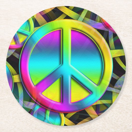 PEACEシカラフルームレスパターン+アイディア ラウンドペーパーコースター (正面)