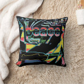 「Peace」アートグラフィック赤黄色アクアピンクon Black クッション (ブランケット)
