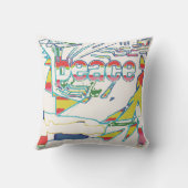 "Peace"グラフィック、赤い黄色のアクアピンクのオフホワイト クッション (裏面)