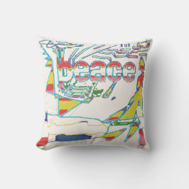 "Peace"グラフィック、赤い黄色のアクアピンクのオフホワイト クッション