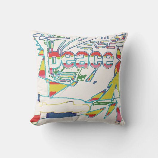 "Peace"グラフィック、赤い黄色のアクアピンクのオフホワイト クッション (正面)