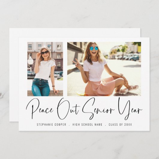Peace モダン Out 2枚の写真スクリプトの卒業 案内状 (正面/裏面)