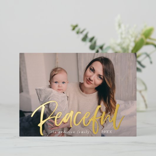 Peace モダン Script Ice Blue写真 箔シーズンカード (立ち正面)