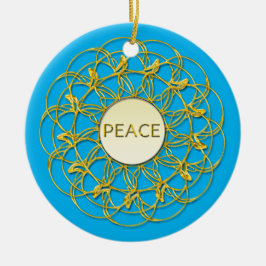 PEACE 書 on golden レースのよう on sky blue セラミックオーナメント