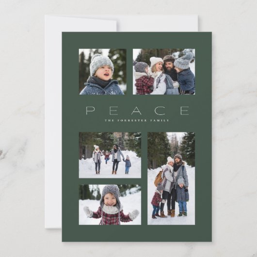 Peace 5フォトコラージュのダークグリーンミニマルクリスマス シーズンカード (正面)