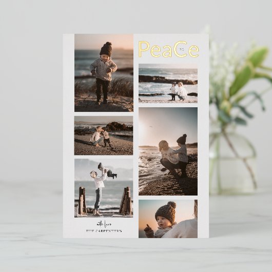 Peace 6 枚の写真 コラージュ クリスマス ゴールド 箔シーズンカード (立ち正面)
