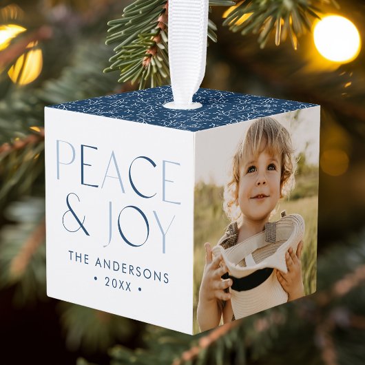 Peace and モダン Joy Navy 3写真 キューブオーナメント