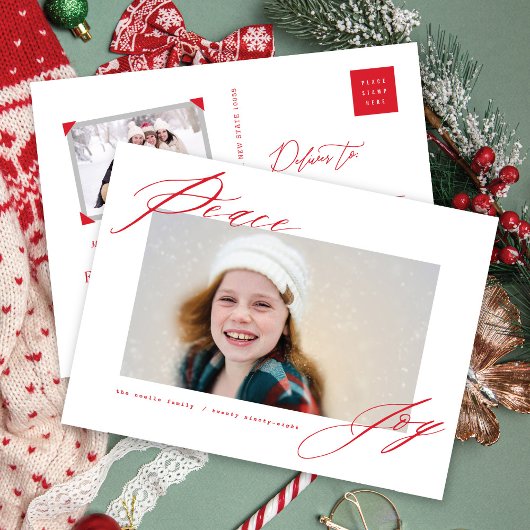 Peace And Joy書道モダン赤い台本の写真 シーズンポストカード