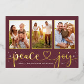 Peace and Joy金ゴールドモダンハートスクリプト3写真 箔シーズンカード (正面)