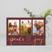 Peace and Joy金ゴールドモダンハートスクリプト3写真 箔シーズンカード (立ち正面)