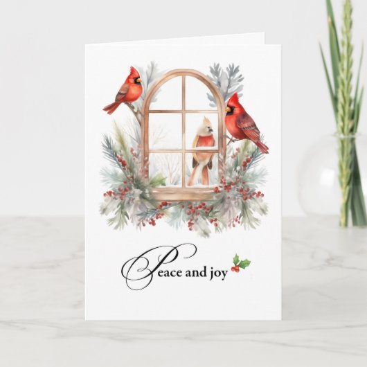 Peace and Joy at Christmas Cardinal Birds Winter カード (正面)