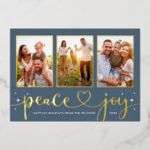 Peace and Joy Modern Gold Heart Script 3 Photo 箔シーズンカード (正面)