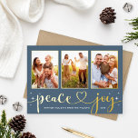 Peace and Joy Modern Gold Heart Script 3 Photo 箔シーズンカード<br><div class="desc">Simple and chic "Peace and Joy" holiday photo card features a collage of 3 portrait photos on a horizontal card layout with white twinkling stars and cute and modern hand-lettered calligraphy script text with heart accent in real gold foil. Personalize the greeting, family signature, and year on the front, and...</div>
