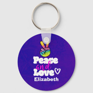 Peace and Love Typography Rainbow Hand Peace Sign キーホルダー