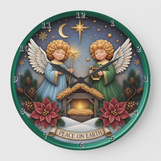 Peace Angel Nativity Harp ラージ壁時計 (正面)