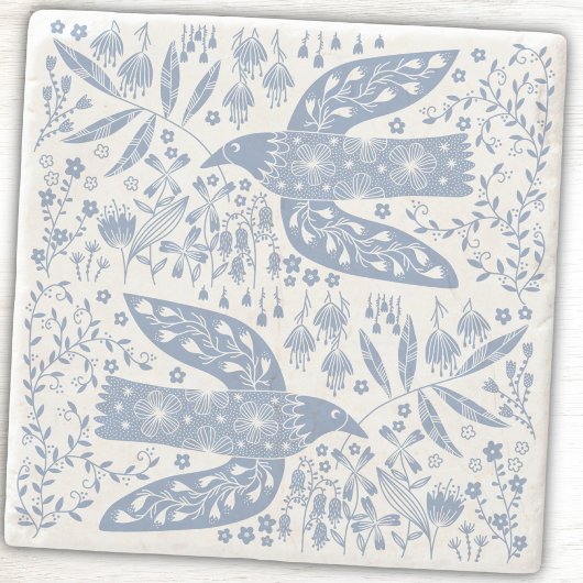 Peace Dove Birds and Wildflowers Blue ストーンコースター