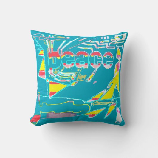 Peace Graphic Red Yellow Aqua Pink White onティール（緑が クッション (正面)