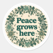Peace Grows Here Retro Floral Sticker ラウンドシール (正面)