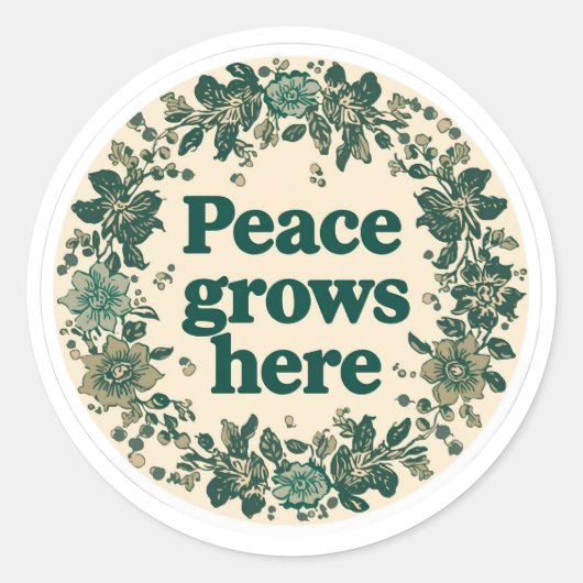 Peace Grows Here Retro Floral Sticker ラウンドシール (正面)
