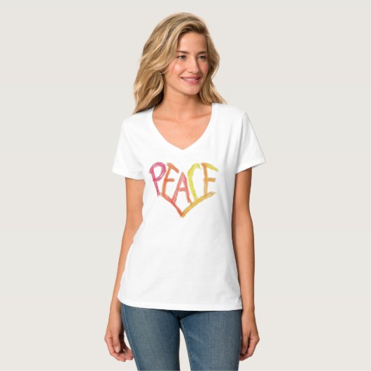 Peace Heart V-Neck Bright Crayon Illustration Tee Tシャツ (正面フル)