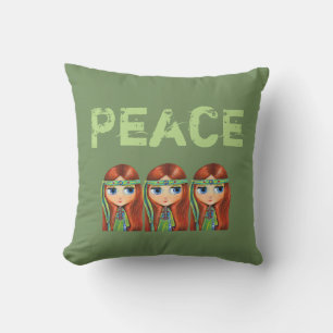 Peace Hippie Girl Chick in Green Headband 1960s クッション