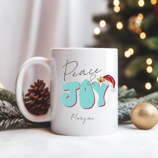 Peace Joyクリスマスピンク赤フェスティバル追加の名前 コーヒーマグカップ