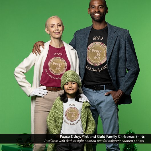Peace & Joyピンクの金ゴールドファミリー名クリスマス Tシャツ