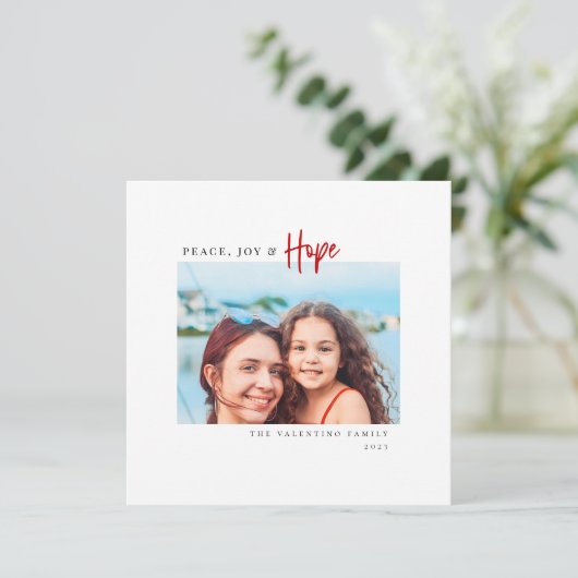 Peace Joy Hope Redスクリプモダントのミニマル写真 シーズンカード (スタンド正面)