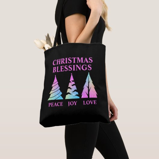 Peace Joy Love Christmas Treesカスタマイズ可能文字 トートバッグ (クローズアップ)