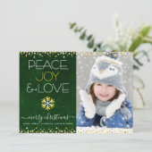 Peace Joy Love Green写真クリスマススノーフレーク シーズンカード (スタンド正面)