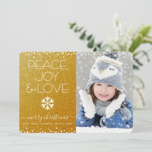 Peace Joy Love Photo Snowflakeはっきりした金ゴールドクリスマス シーズンカード (スタンド正面)