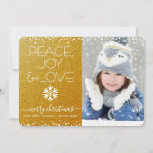 Peace Joy Love Photo Snowflakeはっきりした金ゴールドクリスマス シーズンカード (正面)