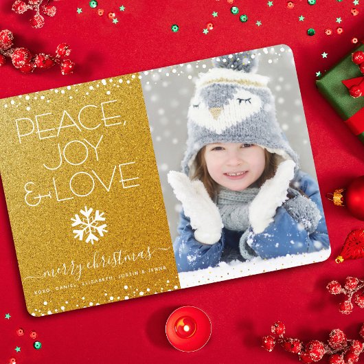Peace Joy Love Photo Snowflakeはっきりした金ゴールドクリスマス シーズンカード