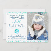 Peace Joy Love Script Chic モダン Snowflake Photo シーズンカード (正面)