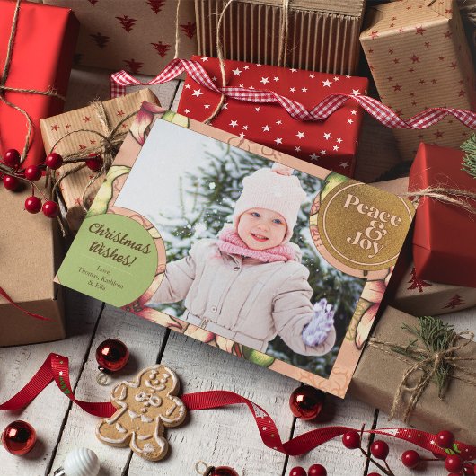 Peace & Joy、Pink、Green、Poinsettia金ゴールド写真 シーズンカード