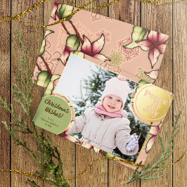Peace & Joy、Pink、Green、Poinsettia金ゴールド写真 箔シーズンカード