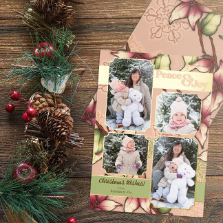 Peace & Joy、Pink、Green、Poinsettia金ゴールド写真 箔シーズンカード