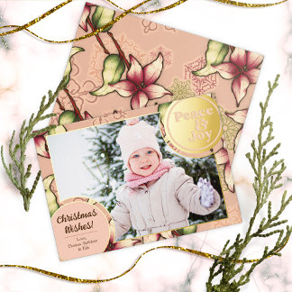 Peace & Joy, Pink, Poinsettia金ゴールド写真 箔シーズンカード