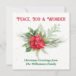 Peace Joy & Wonder Red Poinsettia Christmas シーズンカード