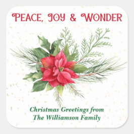 Peace Joy & Wonder Red Poinsettia Christmas スクエアシール