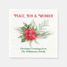 Peace Joy & Wonder Red Poinsettia Christmas スタンダードカクテルナプキン