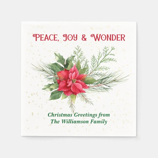 Peace Joy & Wonder Red Poinsettia Christmas スタンダードカクテルナプキン (正面)