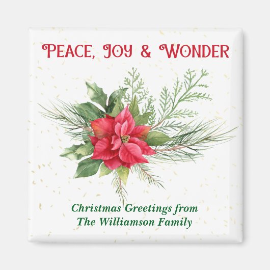 Peace Joy & Wonder Red Poinsettia Christmas マグネット (正面)