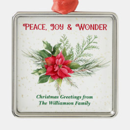 Peace Joy & Wonder Red Poinsettia Christmas メタルオーナメント