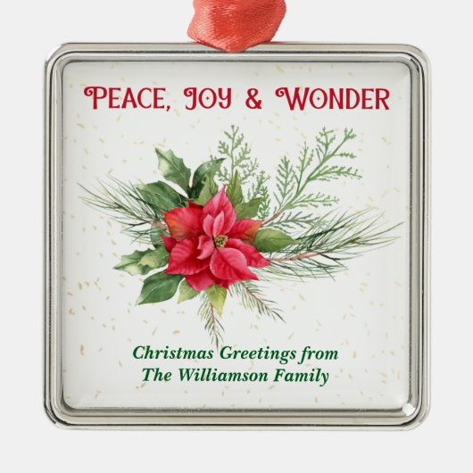 Peace Joy & Wonder Red Poinsettia Christmas メタルオーナメント (正面)