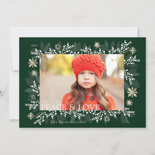 Peace & Love白いベリーの葉の雪片 シーズンカード (正面)