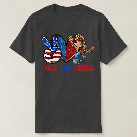Peace Love America US Flag American Mermaid 4th of Tシャツ (デザイン正面)