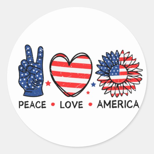 Peace Love America USA国旗， 7月4日，愛国心 ラウンドシール (正面)
