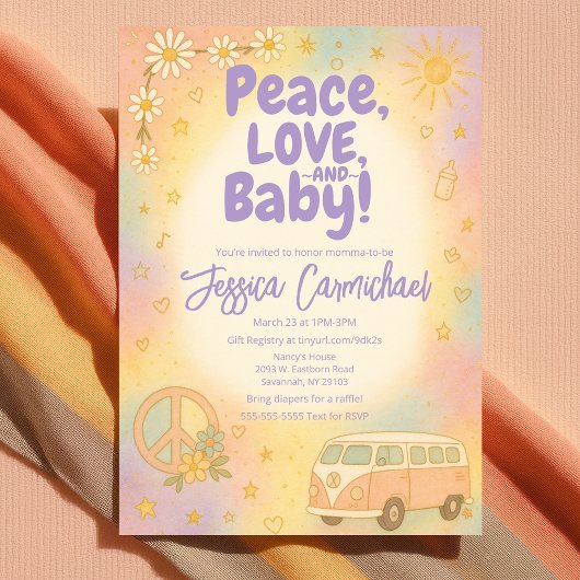 Peace Love and Baby Retro Baby Shower Party 招待状